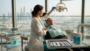 Un dentiste reçoit un patient dans son cabinet ultramoderne au cœur de Dubaï.