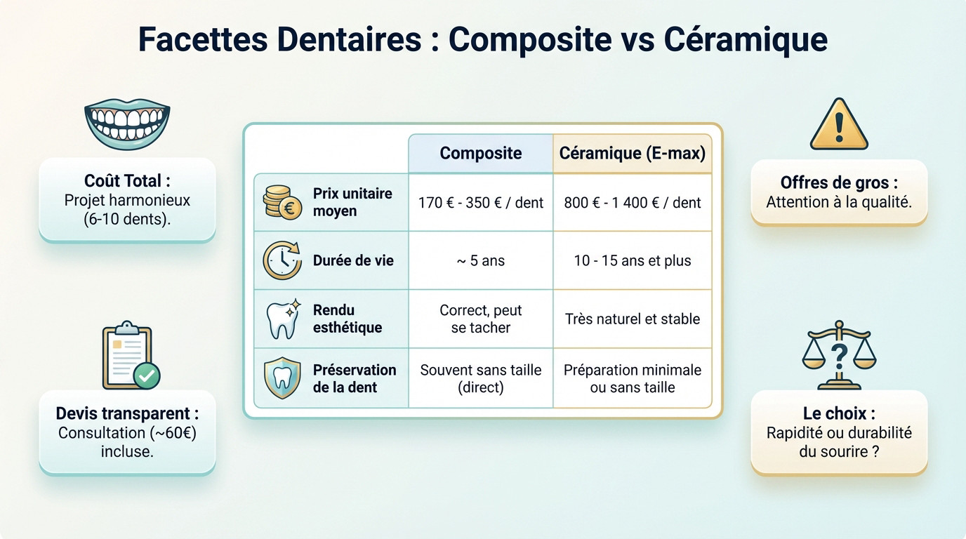 Comparaison visuelle entre facettes dentaires en composite et en céramique