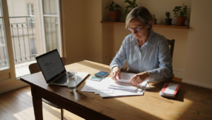 Une femme réfléchit chez elle à l’organisation d’un séjour à l’étranger pour ses soins dentaires.