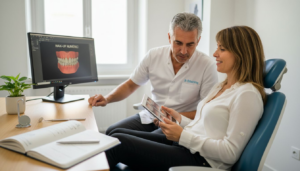 Échange entre le dentiste et son patient lors d’une consultation pour des facettes dentaires.