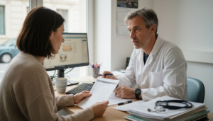 Un dentiste présente un plan de traitement à sa patiente en lui expliquant les différentes étapes et les coûts associés.