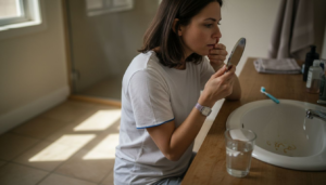 Une femme examine la propreté de ses facettes dentaires devant le miroir.