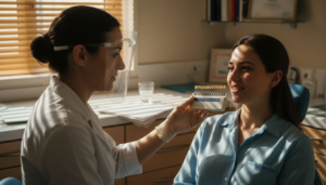 Le dentiste vérifie la teinte des dents avec son patient pour s'assurer qu'elle correspond parfaitement.