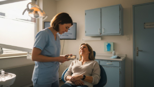 Le dentiste vérifie l’état des facettes en céramique posées sur les dents de son patient.