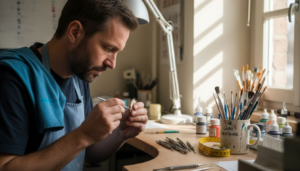 Confection d’une facette en céramique par un prothésiste dentaire dans son laboratoire